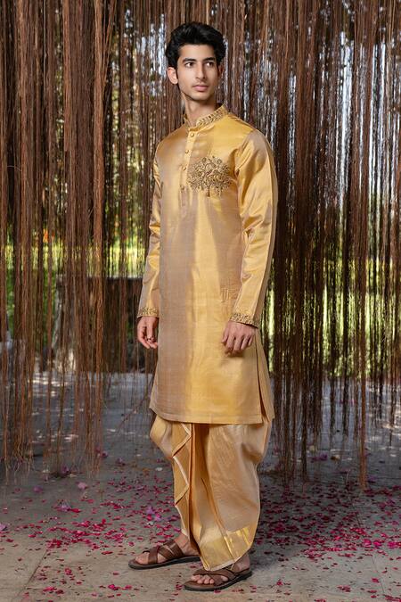 Shop_Hilo Design_Gold Embroidery Kanjivaram Pattu Set _at_Aza_Fashions