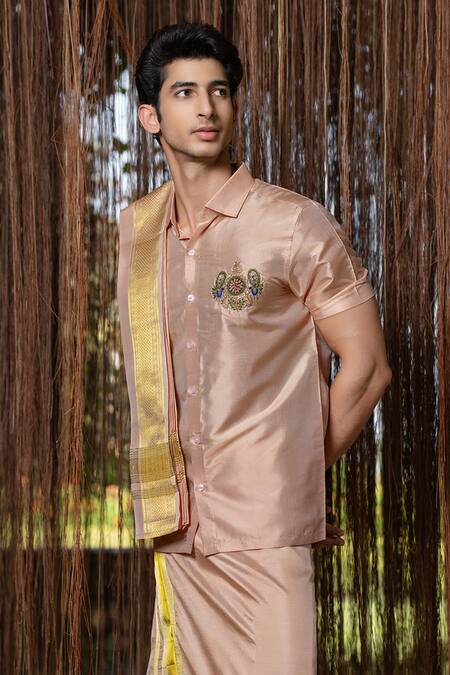 Shop_Hilo Design_Pink Embroidery Dusky Kanjivaram Set _Online_at_Aza_Fashions