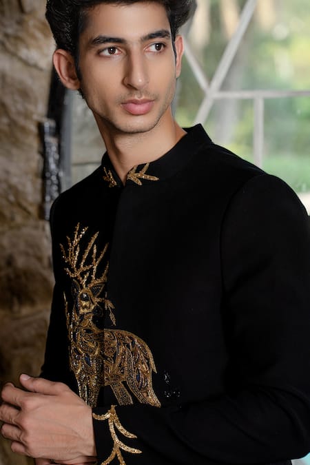 Hilo Design Black Suede Zari Bandhgala With Zardosi Work Online at Aza Fashions Hilo Design_Black Suede Zari Bandhgala With Zardosi Work _Online_at_Aza_Fashions