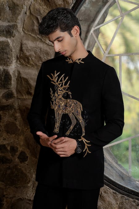 Buy Hilo Design Black Suede Zari Bandhgala With Zardosi Work Online at Aza Fashions Buy_Hilo Design_Black Suede Zari Bandhgala With Zardosi Work _Online_at_Aza_Fashions