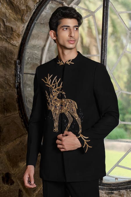 Shop Hilo Design Black Suede Zari Bandhgala With Zardosi Work at Aza Fashions Shop_Hilo Design_Black Suede Zari Bandhgala With Zardosi Work _at_Aza_Fashions