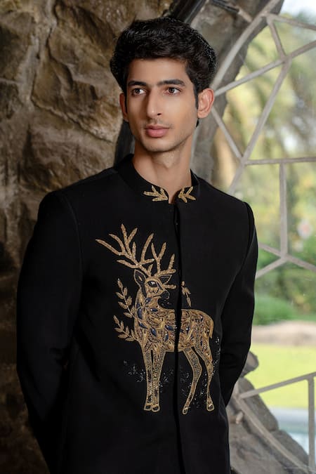 Shop Hilo Design Black Suede Zari Bandhgala With Zardosi Work Online at Aza Fashions Shop_Hilo Design_Black Suede Zari Bandhgala With Zardosi Work _Online_at_Aza_Fashions