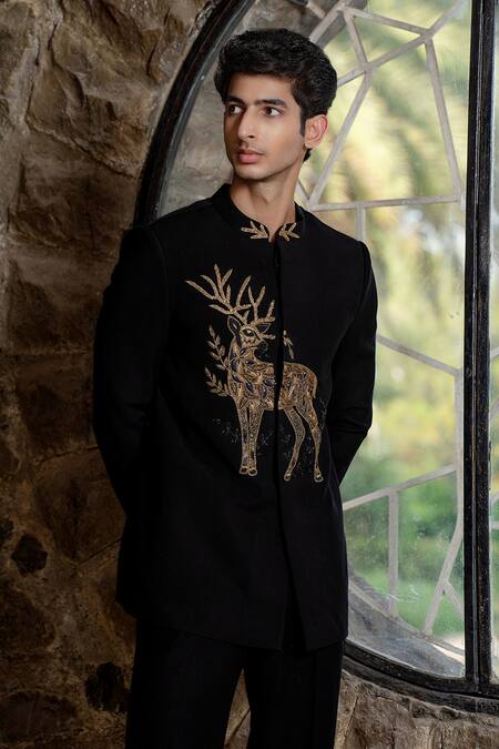 Hilo Design Black Suede Zari Bandhgala With Zardosi Work at Aza Fashions Hilo Design_Black Suede Zari Bandhgala With Zardosi Work _at_Aza_Fashions