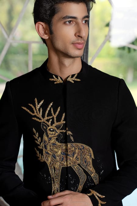 Buy Hilo Design Black Suede Zari Bandhgala With Zardosi Work Buy_Hilo Design_Black Suede Zari Bandhgala With Zardosi Work