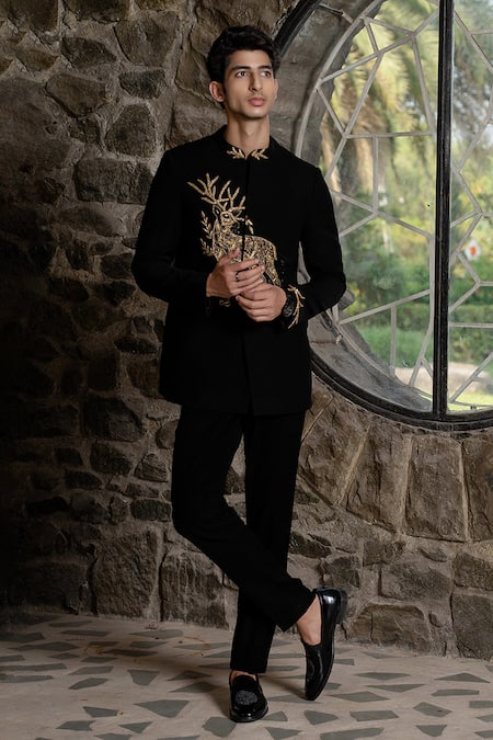 Hilo Design Black Suede Zari Bandhgala With Zardosi Work 
