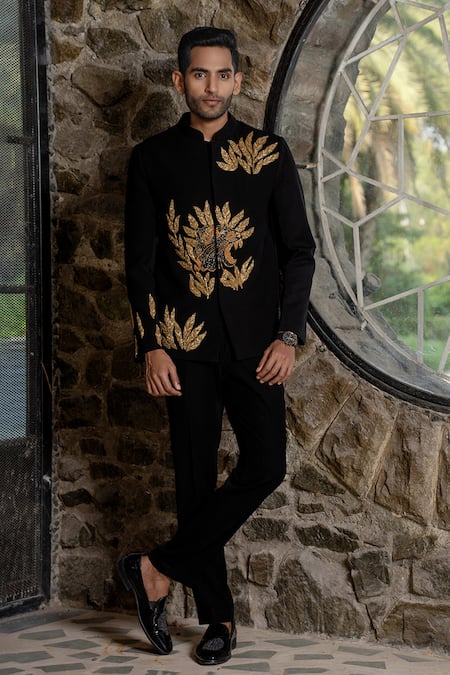 Hilo Design Black Suede Embroidery Bandhgala Suit 