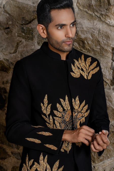 Hilo Design Black Suede Embroidery Bandhgala Suit Online at Aza Fashions Hilo Design_Black Suede Embroidery Bandhgala Suit _Online_at_Aza_Fashions