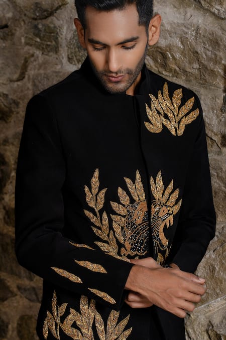 Buy Hilo Design Black Suede Embroidery Bandhgala Suit Online at Aza Fashions Buy_Hilo Design_Black Suede Embroidery Bandhgala Suit _Online_at_Aza_Fashions