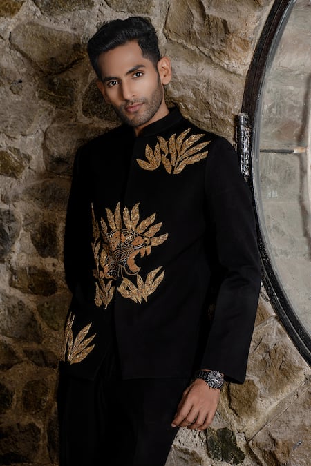 Shop Hilo Design Black Suede Embroidery Bandhgala Suit Online at Aza Fashions Shop_Hilo Design_Black Suede Embroidery Bandhgala Suit _Online_at_Aza_Fashions