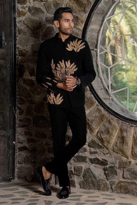 Shop Hilo Design Black Suede Embroidery Bandhgala Suit at Aza Fashions Shop_Hilo Design_Black Suede Embroidery Bandhgala Suit _at_Aza_Fashions