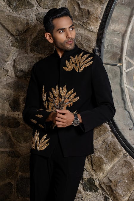 Hilo Design Black Suede Embroidery Bandhgala Suit at Aza Fashions Hilo Design_Black Suede Embroidery Bandhgala Suit _at_Aza_Fashions