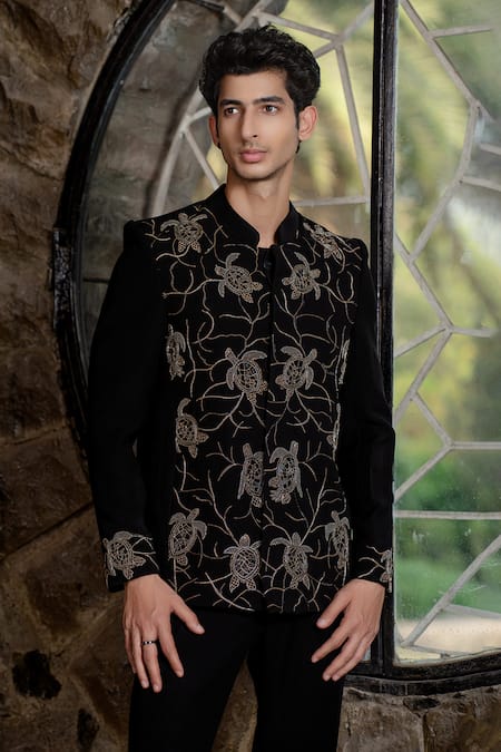 Shop Hilo Design Black Suede Embroidery Classic Bandhgala Ensemble at Aza Fashions Shop_Hilo Design_Black Suede Embroidery Classic Bandhgala Ensemble _at_Aza_Fashions