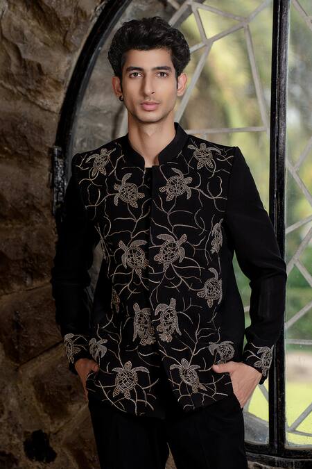 Hilo Design Black Suede Embroidery Classic Bandhgala Ensemble Online at Aza Fashions Hilo Design_Black Suede Embroidery Classic Bandhgala Ensemble _Online_at_Aza_Fashions