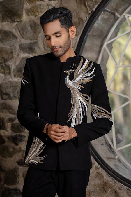 Hilo Design Black Suede Embroidery Bandhgala With Peacock Online at Aza Fashions Hilo Design_Black Suede Embroidery Bandhgala With Peacock _Online_at_Aza_Fashions