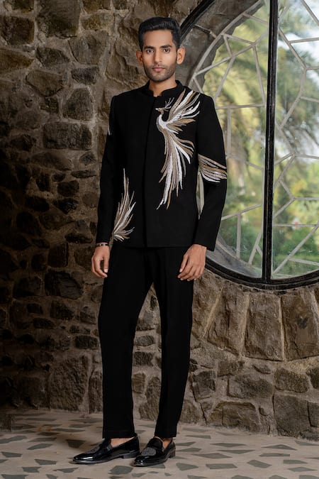 Hilo Design Black Suede Embroidery Bandhgala With Peacock 
