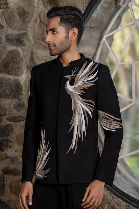 Buy Hilo Design Black Suede Embroidery Bandhgala With Peacock Online at Aza Fashions Buy_Hilo Design_Black Suede Embroidery Bandhgala With Peacock _Online_at_Aza_Fashions