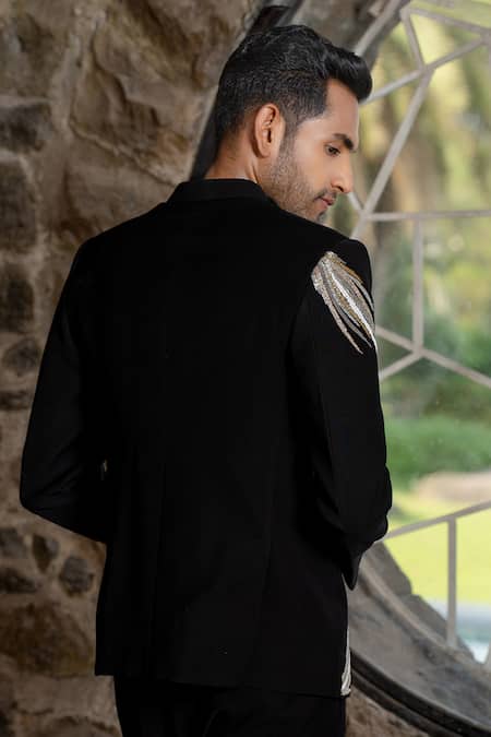 Shop Hilo Design Black Suede Embroidery Bandhgala With Peacock at Aza Fashions Shop_Hilo Design_Black Suede Embroidery Bandhgala With Peacock _at_Aza_Fashions