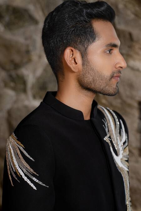 Shop Hilo Design Black Suede Embroidery Bandhgala With Peacock Online at Aza Fashions Shop_Hilo Design_Black Suede Embroidery Bandhgala With Peacock _Online_at_Aza_Fashions