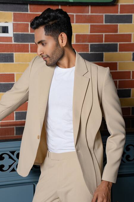 Hilo Design_Beige Saville Curve Blazer Set _Online_at_Aza_Fashions