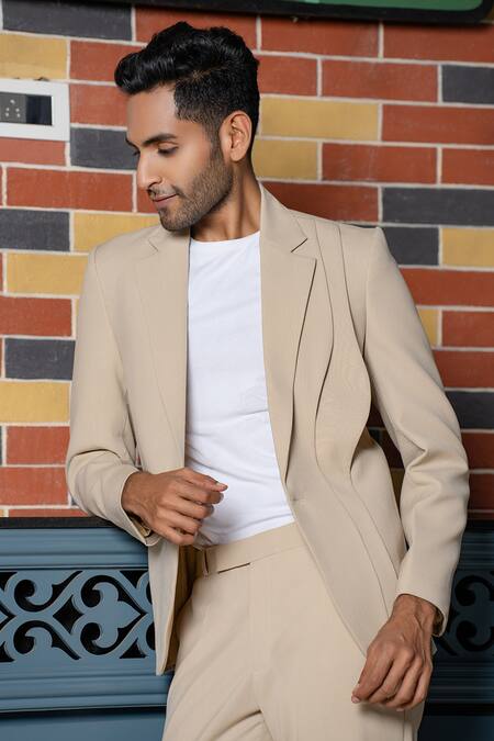 Buy_Hilo Design_Beige Saville Curve Blazer Set _Online_at_Aza_Fashions
