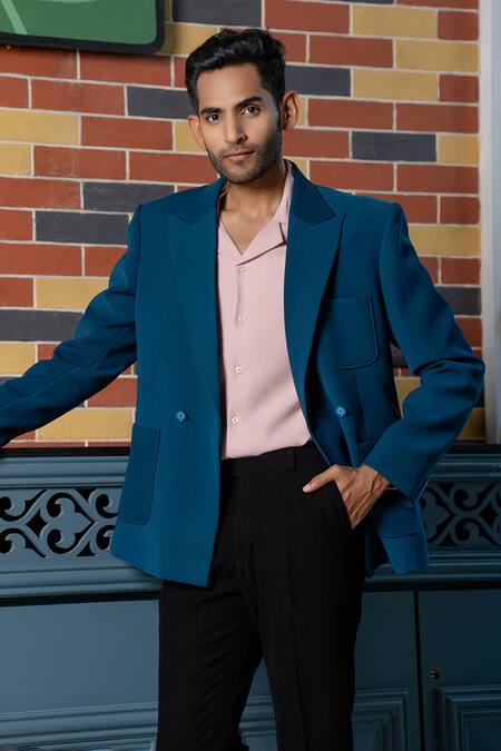 Hilo Design_Teal Blue Smart-casual Blazer Co-ord Set _Online_at_Aza_Fashions