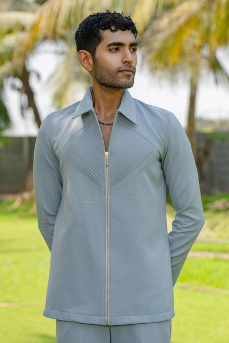 Hilo Design Blue Linear Luxe Light Shacket Online at Aza Fashions Hilo Design_Blue Linear Luxe Light Shacket _Online_at_Aza_Fashions