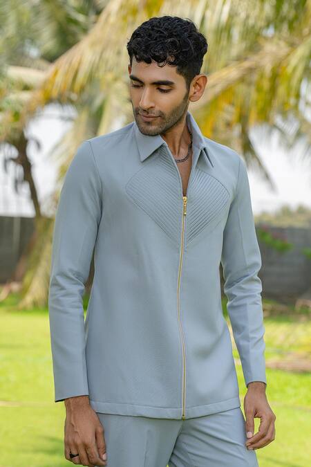 Shop Hilo Design Blue Linear Luxe Light Shacket Online at Aza Fashions Shop_Hilo Design_Blue Linear Luxe Light Shacket _Online_at_Aza_Fashions