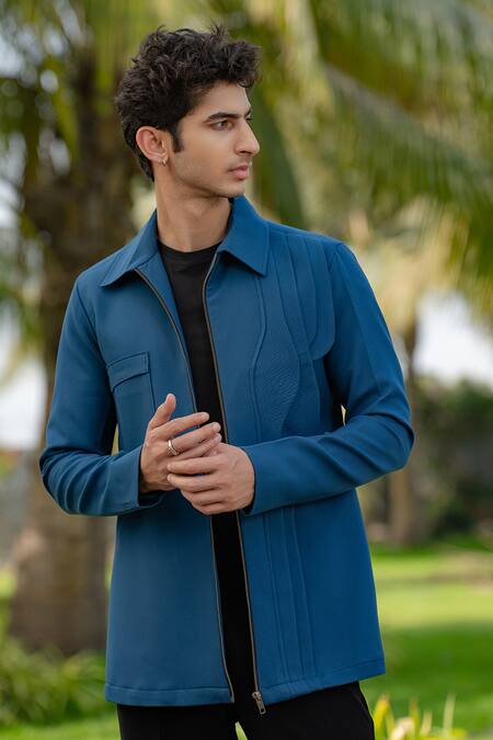 Hilo Design Teal Sleek Blue Shacket Online at Aza Fashions Hilo Design_Teal Sleek Blue Shacket _Online_at_Aza_Fashions