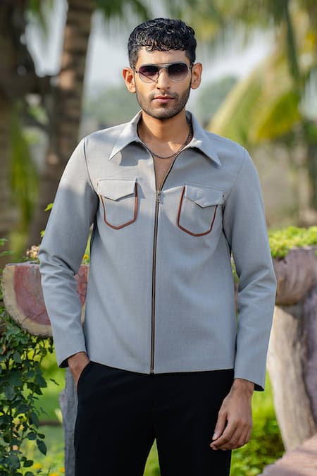 Shop Hilo Design Gray Distorted Designer Shacket at Aza Fashions Shop_Hilo Design_Gray Distorted Designer Shacket _at_Aza_Fashions