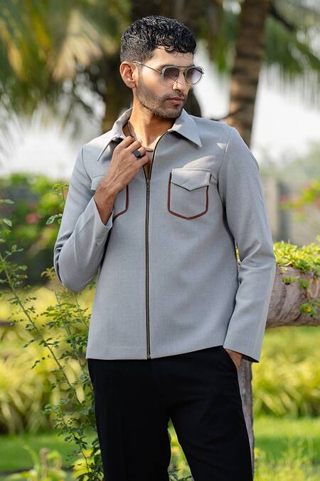 Hilo Design Gray Distorted Designer Shacket Online at Aza Fashions Hilo Design_Gray Distorted Designer Shacket _Online_at_Aza_Fashions