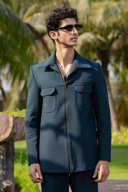 Hilo Design Green Strukt Deep Teal Shacket Online at Aza Fashions Hilo Design_Green Strukt Deep Teal Shacket _Online_at_Aza_Fashions