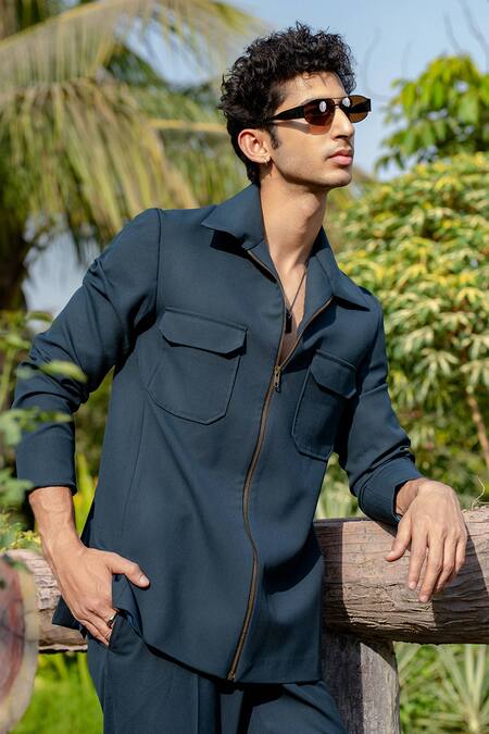 Buy Hilo Design Green Strukt Deep Teal Shacket Online at Aza Fashions Buy_Hilo Design_Green Strukt Deep Teal Shacket _Online_at_Aza_Fashions