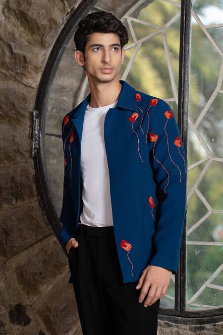 Hilo Design Blue Embroidery Torque Teal Shacket Online at Aza Fashions Hilo Design_Blue Embroidery Torque Teal Shacket _Online_at_Aza_Fashions