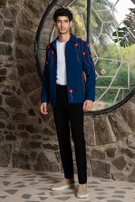 Shop Hilo Design Blue Embroidery Torque Teal Shacket at Aza Fashions Shop_Hilo Design_Blue Embroidery Torque Teal Shacket _at_Aza_Fashions