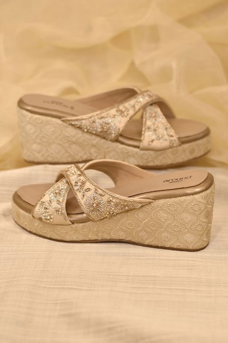 Buy_Around Always_Gold Embroidery Designer Wedges _Online_at_Aza_Fashions