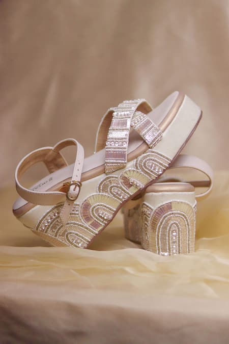 Shop Around Always Ivory Embroidery Designer Dwaar Wedges at Aza Fashions Shop_Around Always_Ivory Embroidery Designer Dwaar Wedges _at_Aza_Fashions