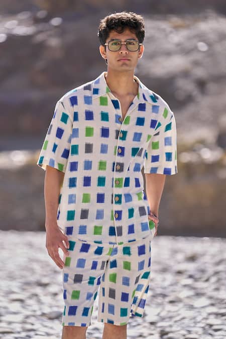 Dash And Dot_Multi Color Cotton Ikat Weave Shorts Set _Online_at_Aza_Fashions
