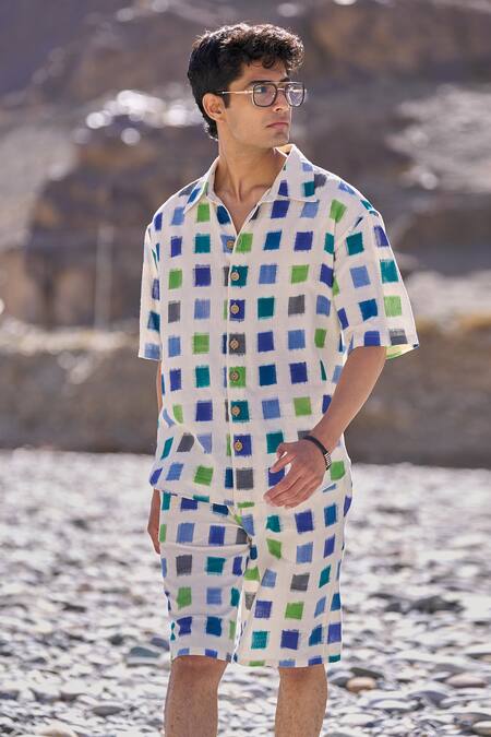 Dash And Dot_Multi Color Cotton Ikat Weave Shorts Set _at_Aza_Fashions