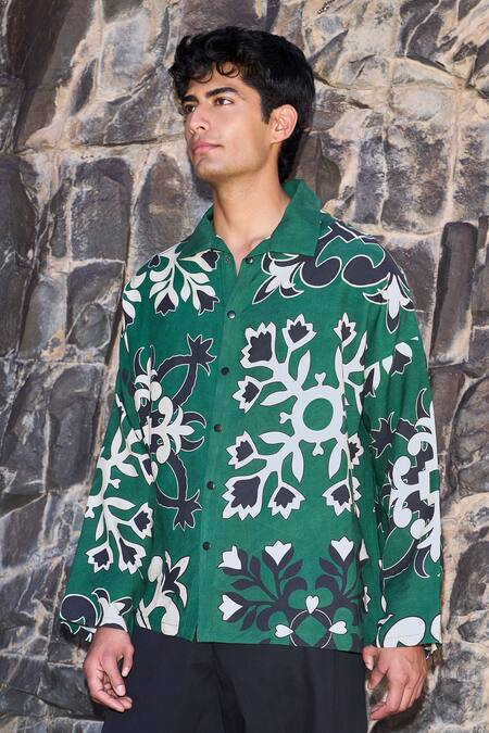 Dash And Dot Green Tencel Motif Shirt Online at Aza Fashions Dash And Dot_Green Tencel Motif Shirt _Online_at_Aza_Fashions