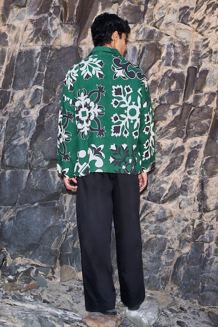 Shop Dash And Dot Green Tencel Motif Shirt at Aza Fashions Shop_Dash And Dot_Green Tencel Motif Shirt _at_Aza_Fashions