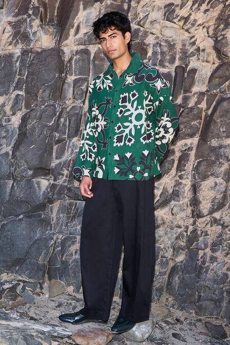 Shop Dash And Dot Green Tencel Motif Shirt Online at Aza Fashions Shop_Dash And Dot_Green Tencel Motif Shirt _Online_at_Aza_Fashions