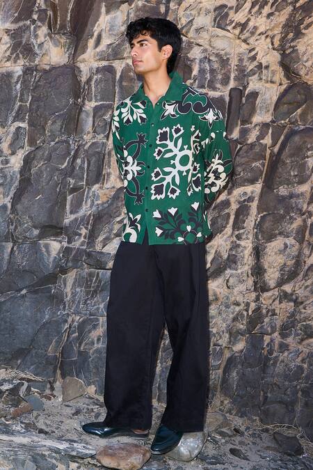 Dash And Dot Green Tencel Motif Shirt at Aza Fashions Dash And Dot_Green Tencel Motif Shirt _at_Aza_Fashions