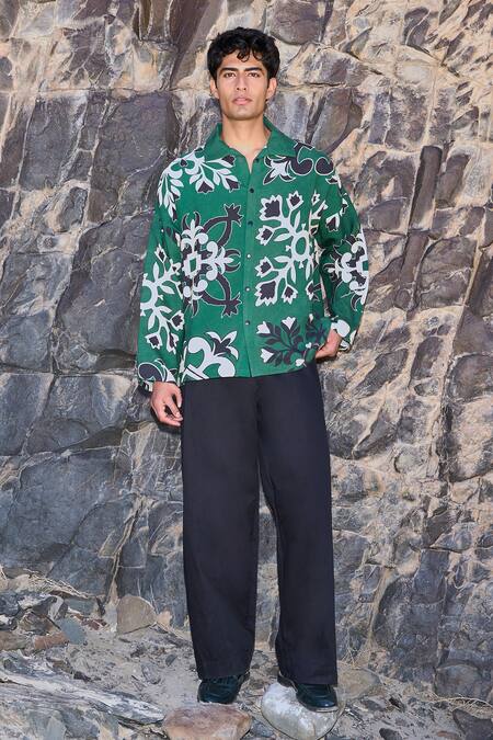 Buy Dash And Dot Green Tencel Motif Shirt Buy_Dash And Dot_Green Tencel Motif Shirt