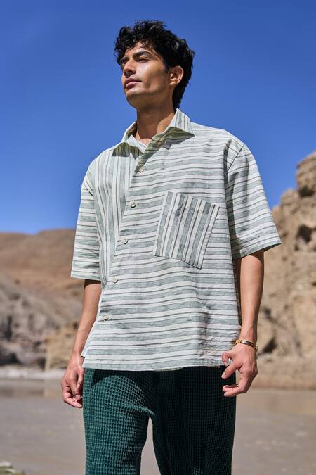 Dash And Dot_Multi Color Cotton Slanted Stripe Organic Shirt _Online_at_Aza_Fashions