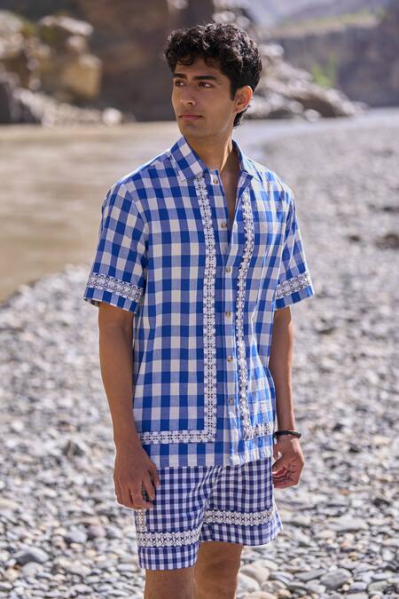 Shop Dash And Dot Blue Cotton Embroidery Madras Shirt Online at Aza Fashions Shop_Dash And Dot_Blue Cotton Embroidery Madras Shirt _Online_at_Aza_Fashions