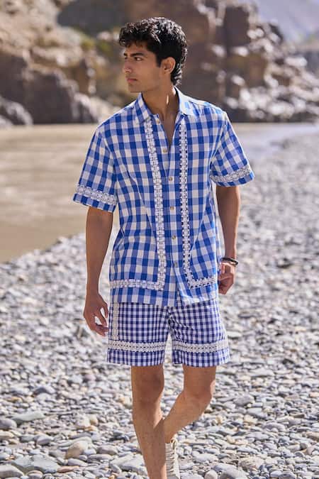 Dash And Dot Blue Cotton Embroidery Madras Shirt 