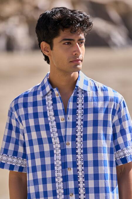 Dash And Dot Blue Cotton Embroidery Madras Shirt at Aza Fashions Dash And Dot_Blue Cotton Embroidery Madras Shirt _at_Aza_Fashions