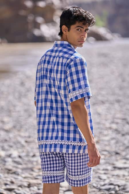 Dash And Dot Madras Embroidered Blue Shorts Set 