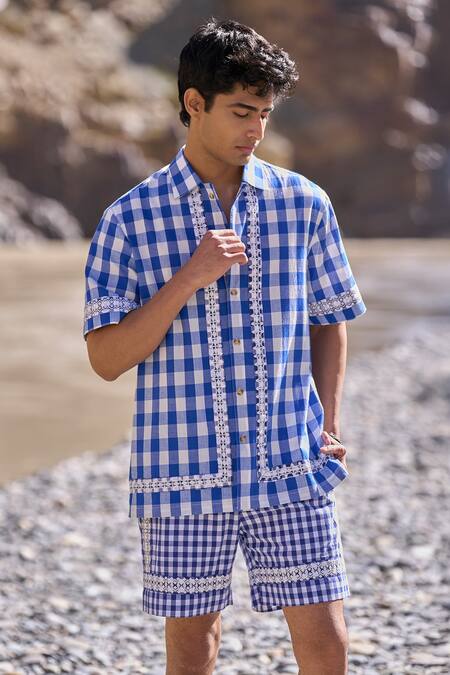 Dash And Dot_Blue Cotton Embroidery Madras Shorts Set _Online_at_Aza_Fashions