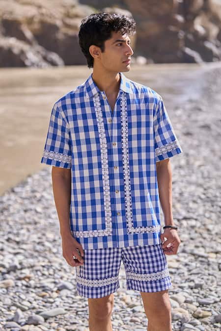 Dash And Dot Blue Cotton Embroidery Madras Shorts Set